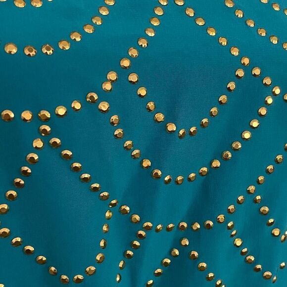 Trina Turk Silk Turquoise Gold Studded Halter Dress Size 6 - Picture 4 of 7